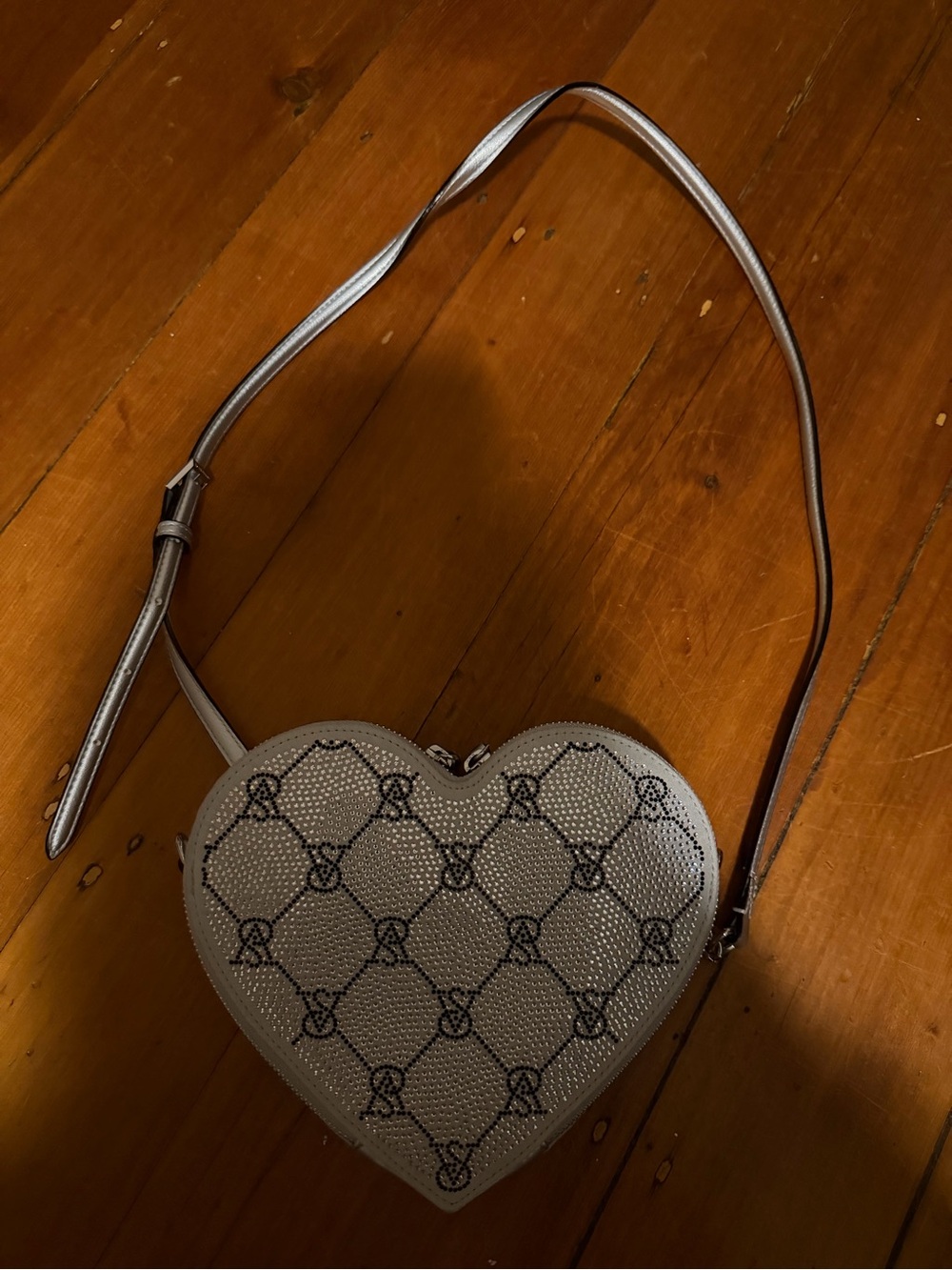 Victoria's Secret Heart-Shaped Crossbody Bag in Light Gray with Black Print